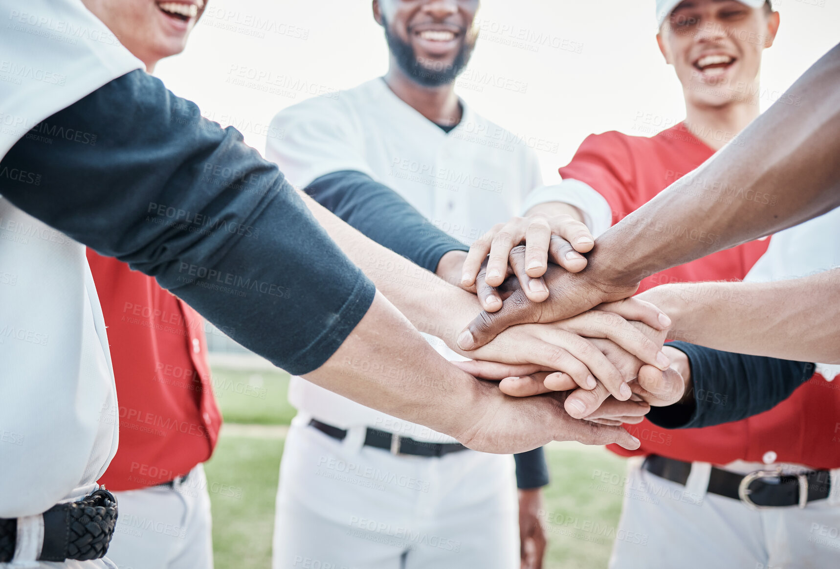 Buy stock photo Hands, baseball motivation or men in huddle with support, hope or faith on baseball field in game together. Men with teamwork, zoom or group of softball athletes planning goals or sports mission