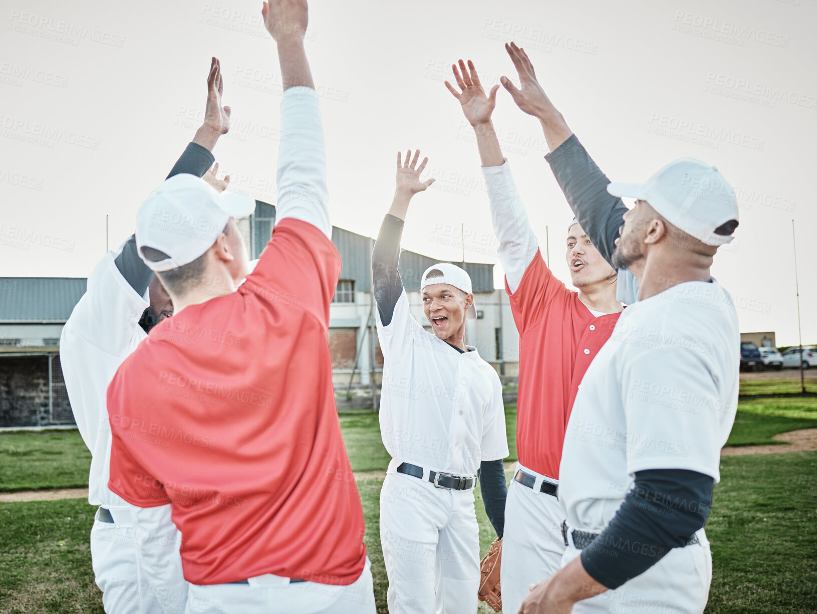 Buy stock photo Hands up, motivation or sports people in huddle with support, hope or faith on baseball field in game together. Teamwork, happy people or group of excited softball athletes with goals or solidarity