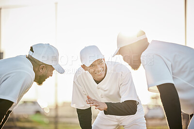 Buy stock photo Teamwork, baseball or men planning with motivation, hope or faith in training workout match or game on sports field. Softball, smile or leadership with happy athlete group excited for mission goals