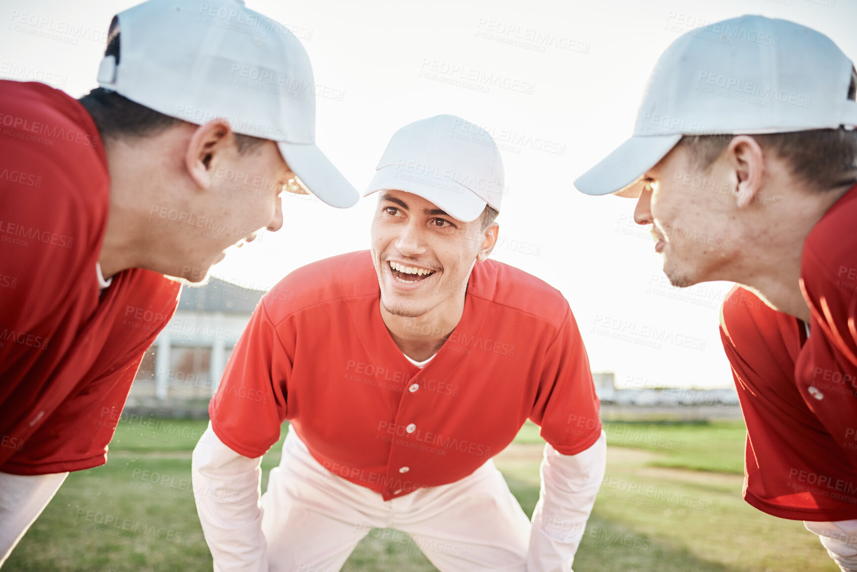 Buy stock photo Team, planning or baseball player with a strategy in training workout match or softball game field formation. Motivation, smile or leadership with happy sports men or athlete group for mission goals 