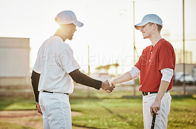 Buy stock photo Men, handshake or baseball player on field, sports or stadium grass in good luck, welcome or thank you. Smile, happy or athletes shaking hands in game, softball fitness or exercise for winner success