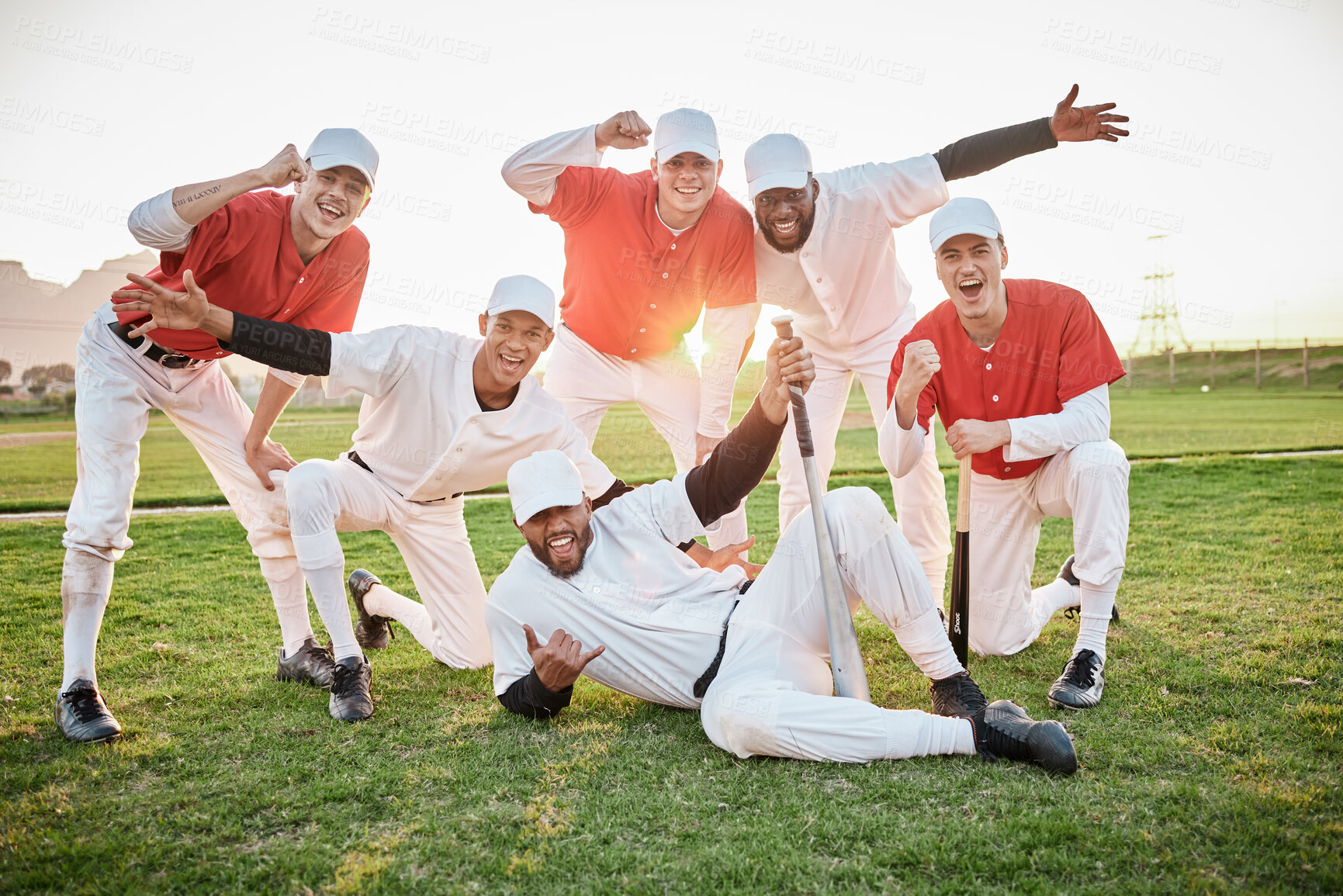 Buy stock photo Men, portrait or success on baseball field, games or sunset match victory in diversity fitness, exercise or workout achievement. Smile, happy or cheering softball players in winner sports or teamwork