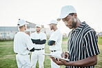 Black man, planning or baseball coach with a strategy, training working or softball game field formation. Teamwork, tablet or leadership with sports men or athlete group for fitness or mission goals 