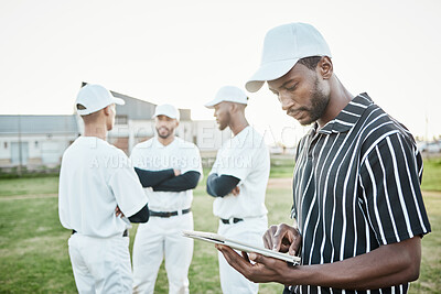 Buy stock photo Black man, planning or baseball coach with a strategy, training working or softball game field formation. Teamwork, tablet or leadership with sports men or athlete group for fitness or mission goals 