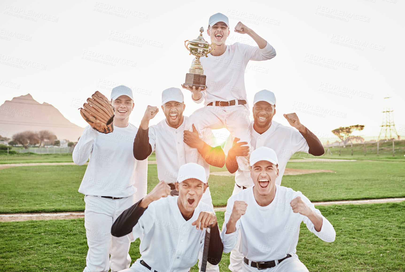 Buy stock photo Baseball team, trophy win portrait and men with award from teamwork, game and fitness. Winner, sunset and happy collaboration of excited athlete group together with competition achievement outdoor 