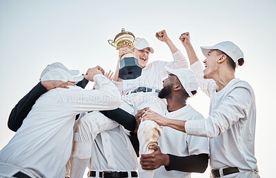 Buy stock photo Baseball team, trophy win and men with award from teamwork, game and fitness. Winner, diversity and happy collaboration of excited athlete group together with competition achievement outdoor 