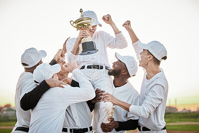 Buy stock photo Baseball player, trophy and men winning competition, game or sports goals, success and victory award. Happy group of people or winner celebration, fist pump and achievement congratulations together