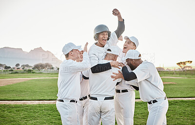 Buy stock photo Baseball men, team celebrate and winning competition, game and sports goals, success and victory. Excited group of people or sport winner celebration, cheers and congratulations hug together on pitch