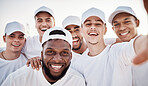 Baseball team, selfie and sport group together with a smile, happiness and teamwork outdoor. Young people, portrait and laughof sports men in uniform ready for exercise, fitness and workout training