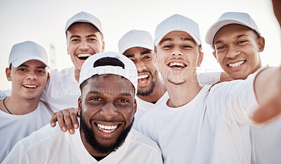 Buy stock photo Baseball team, selfie and sport group together with a smile, happiness and teamwork outdoor. Young people, portrait and laughof sports men in uniform ready for exercise, fitness and workout training