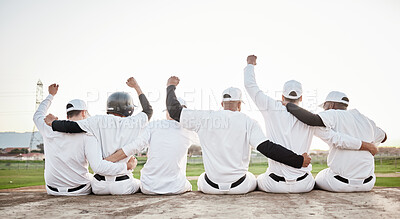 Buy stock photo Baseball, team and winner with fist pump and men on pitch, athlete group, fitness collaboration and achievement back view. Teamwork, success and sports with male players outdoor, winning and champion