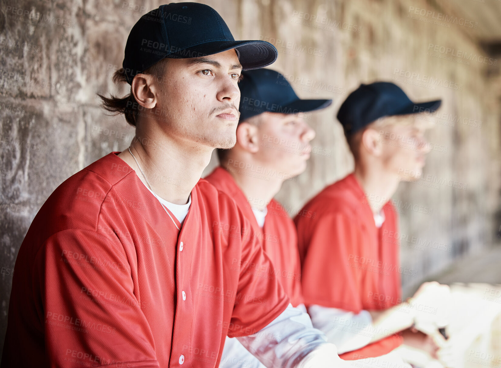 Buy stock photo Baseball, teamwork and dugout with a sports man watching a competitive game outdoor during summer for recreation. Sport, team and waiting with a male athlete on the bench to support his teammates