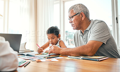 Buy stock photo Grandpa help, child learning and home studying in a family house with education and knowledge. Senior man, girl and teaching of a elderly person with a kid doing writing for an online class project
