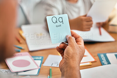 Buy stock photo Learning, cards and parents with children and letter lesson for language, study and alphabet. School, homework and help with family at table and teaching for reading tutor, literacy and phonics