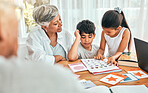 Education, learn and family together with homework, academic material and kids study with reading for school. Grandparents helping children, learning and studying with people at home and development