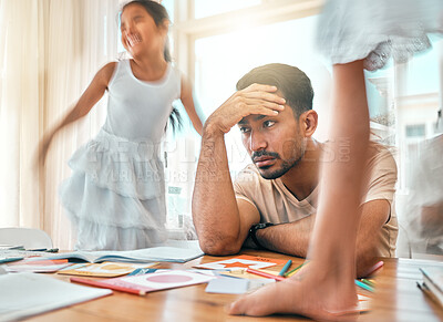 Buy stock photo Headache, kids and father with stress, motion blur and children with adhd, noise or energy. Dad, male or young people with blur, male with migraine or burnout in living room, anxiety and hyper active