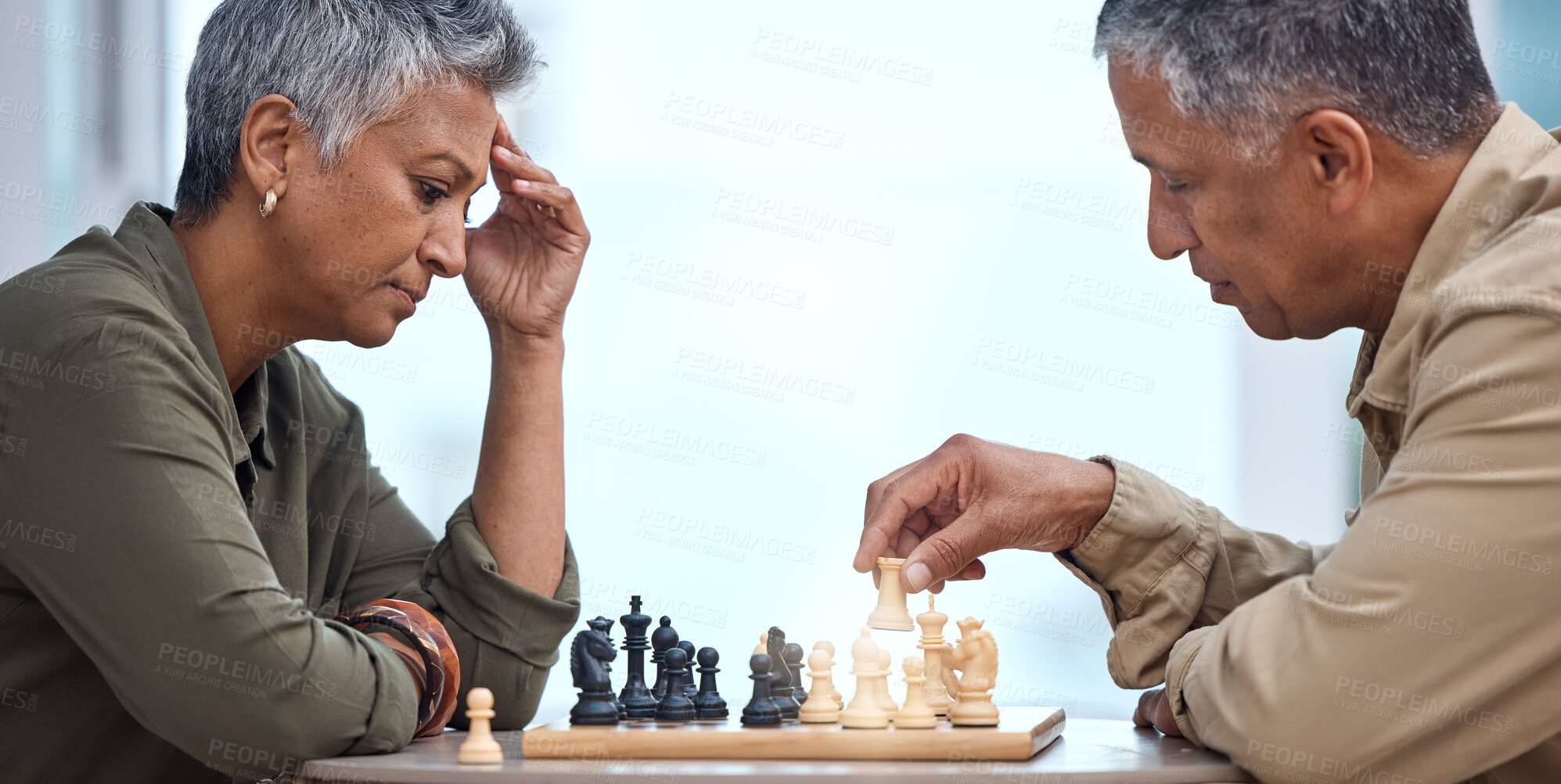 Buy stock photo Strategy, moving and thinking with old couple and chess for bonding, competition and mental exercise. Relax, problem solving and smart with man and woman at home for board games, checkmate or contest