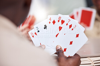 Buy stock photo Game, holding and man playing cards, poker or black jack at a casino. Back, games and a guy showing a card in hands while gambling, having fun and learning a magic trick for s hobby or activity