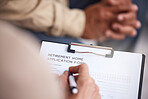 Retirement home, form application and woman hand writing resident information at meeting. Senior clinic contract, documents and health care paperwork for elderly housing and assistant living facility