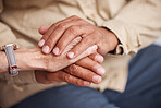 Senior couple holding hands for support, love and comfort together in retirement, empathy or faith prayer. Closeup elderly man, old woman and helping hand with trust, care and psychology counselling 