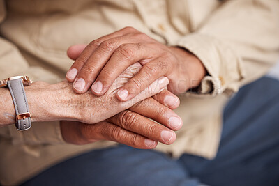 Buy stock photo Senior couple holding hands for support, love and comfort together in retirement, cancer empathy or faith prayer. Closeup man, old woman and helping hand with trust, care and psychology counselling 