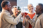 Friends, mature people with wine and retirement party, cheers and glasses with happiness, celebration and fun outdoor. Senior, men and women with diversity, alcohol drink and celebrate with team