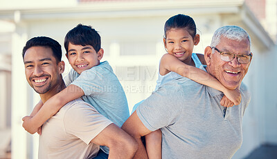 Buy stock photo Family, dad and grandfather piggyback children in portrait, love and relationship with generations, bonding and care. Smile, happiness and fun together with men and kids outdoor with childhood