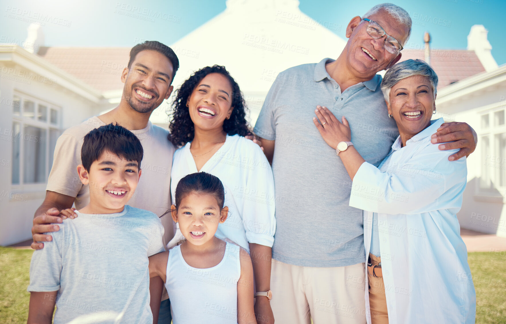 Buy stock photo Happy, smile and portrait of big family at new home for bonding, affectionate and care. Relax, quality time and natural with parents and children in garden for happiness, generations and support 