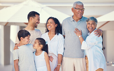 Buy stock photo Laugh, smile and portrait of big family at new home for bonding, affectionate and care. Funny, quality time and natural with parents and children in garden for happiness, generations and support 