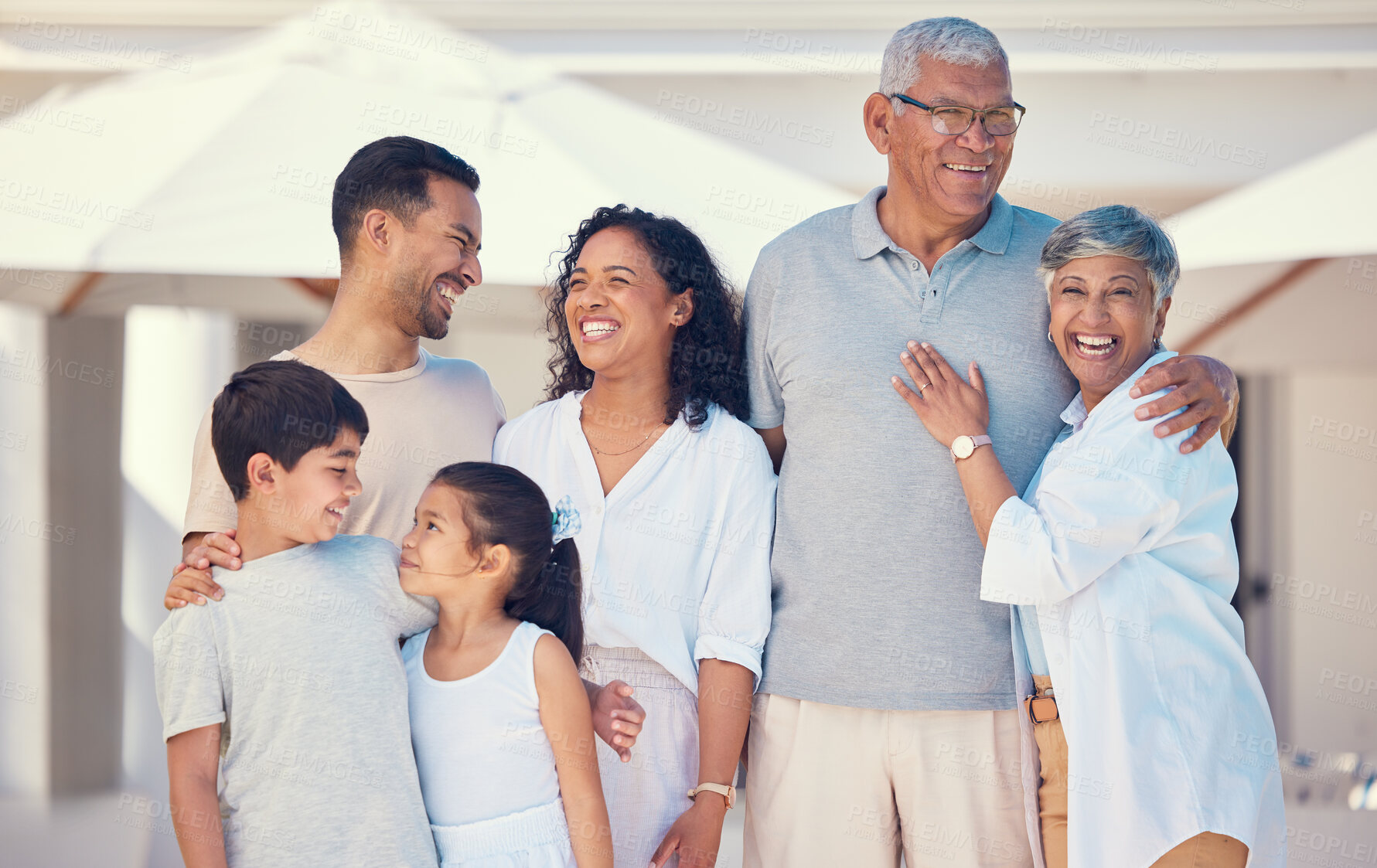 Buy stock photo Laugh, smile and portrait of big family at new home for bonding, affectionate and care. Funny, quality time and natural with parents and children in garden for happiness, generations and support 