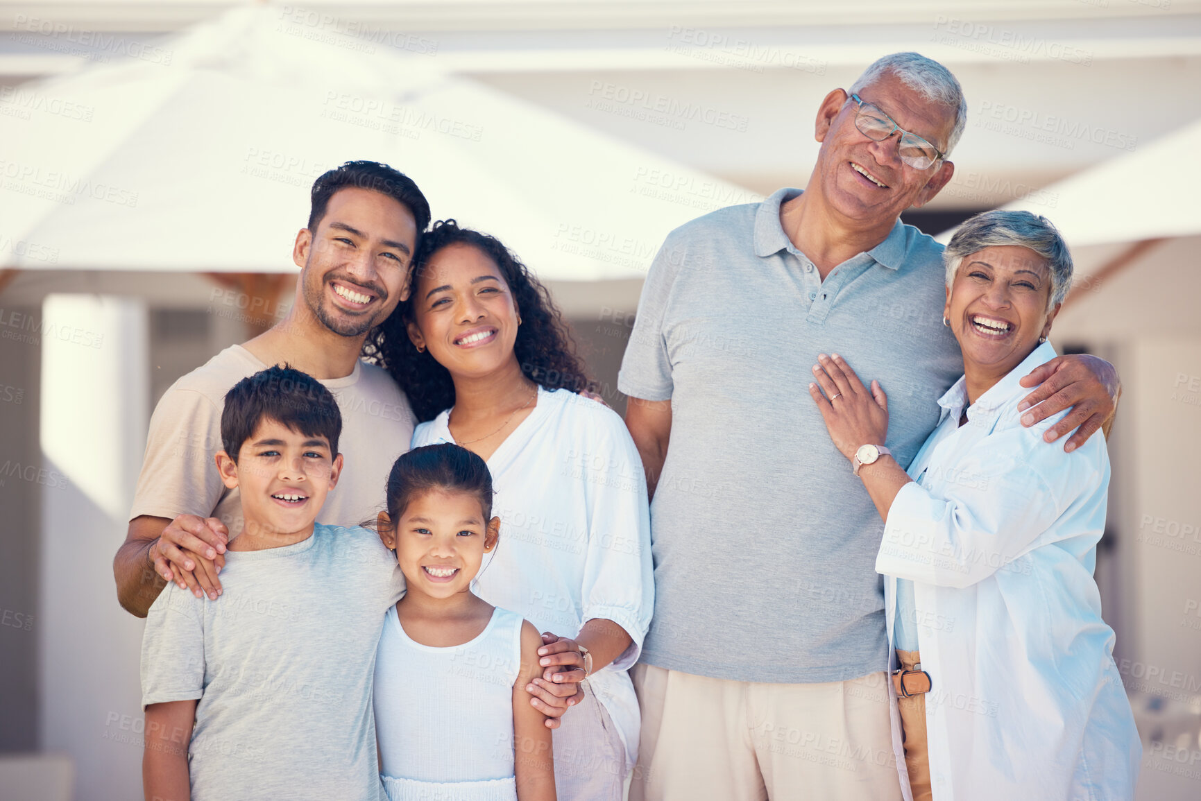 Buy stock photo Hug, smile and portrait of big family at new home for bonding, affectionate and care. Relax, quality time and natural with parents and children in garden for happiness, generations and support 