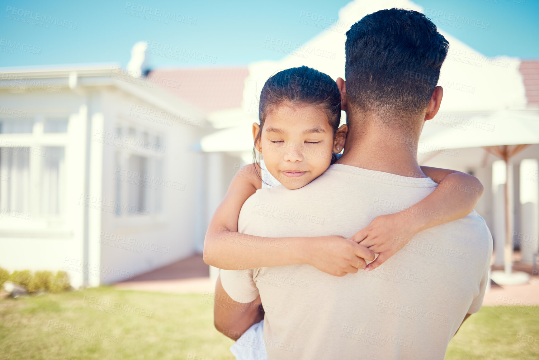 Buy stock photo Man, girl child and back at new home, outdoor and hug together for love, beginning and start to life in neighborhood. Father, female kid or tired daughter with sleeping, real estate and house on lawn