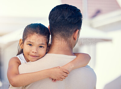 Buy stock photo Family, dad and child hug outdoor with love and care, bonding at home with happy kid and trust in backyard. Relationship, man and girl together with happiness in portrait, embrace and childhood