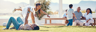 Buy stock photo Relax, playful and father and daughter in garden for bonding, happiness and quality time. Freedom, holiday and support with family playing in backyard of home for weekend, childhood and affectionate