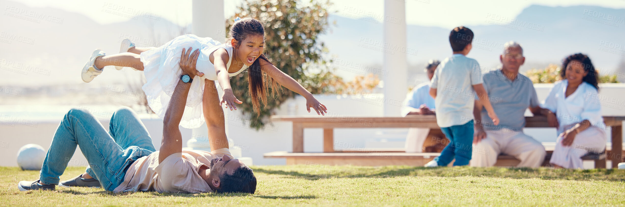 Buy stock photo Relax, playful and father and daughter in garden for bonding, happiness and quality time. Freedom, holiday and support with family playing in backyard of home for weekend, childhood and affectionate