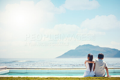 Buy stock photo Siblings, hug and love with back by beach, sea and horizon in mock up space for friends, holiday or outdoor. Kids, girl and boy with support by mountain, ocean or waves for mockup in summer vacation