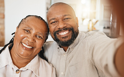 Buy stock photo Smile, selfie and mature black couple in home with happiness and love in relationship together. Self portrait, happy face and man with woman taking romantic picture for social media in South Africa.