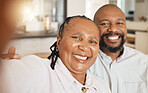 Smile, selfie and mature black woman and man on sofa in home with happiness and love in relationship together. Self portrait, happy couple taking romantic picture for social media in South Africa.