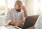 Black man, laptop and headache in remote work suffering from burnout, stress or anxiety at home. Tired African American businessman freelancer with sore head, pain or strain by computer on table