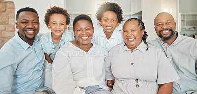 Buy stock photo Happy, bonding and portrait of a black family on a sofa for happiness, visit or quality time. Smile, group and African parents, children and grandparents on a couch for generations in the lounge