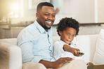 Black family, sofa and father with boy with remote for tv channel, streaming movies and watching film. Love, home and happy dad with child with television control for entertainment, cartoon and relax