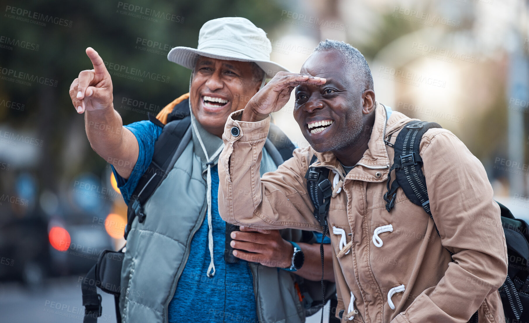 Buy stock photo Travel, city tourism and men pointing on walk, explore vacation or tourist adventure in retirement. Happy friends, sightseeing search and smile on outdoor journey, direction or fun holiday experience