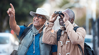 Buy stock photo Binoculars, city and men travel outdoor of discovery, explore vacation or tourist adventure walk. Happy friends, tourism and sightseeing search in sky, lens or journey direction of holiday experience