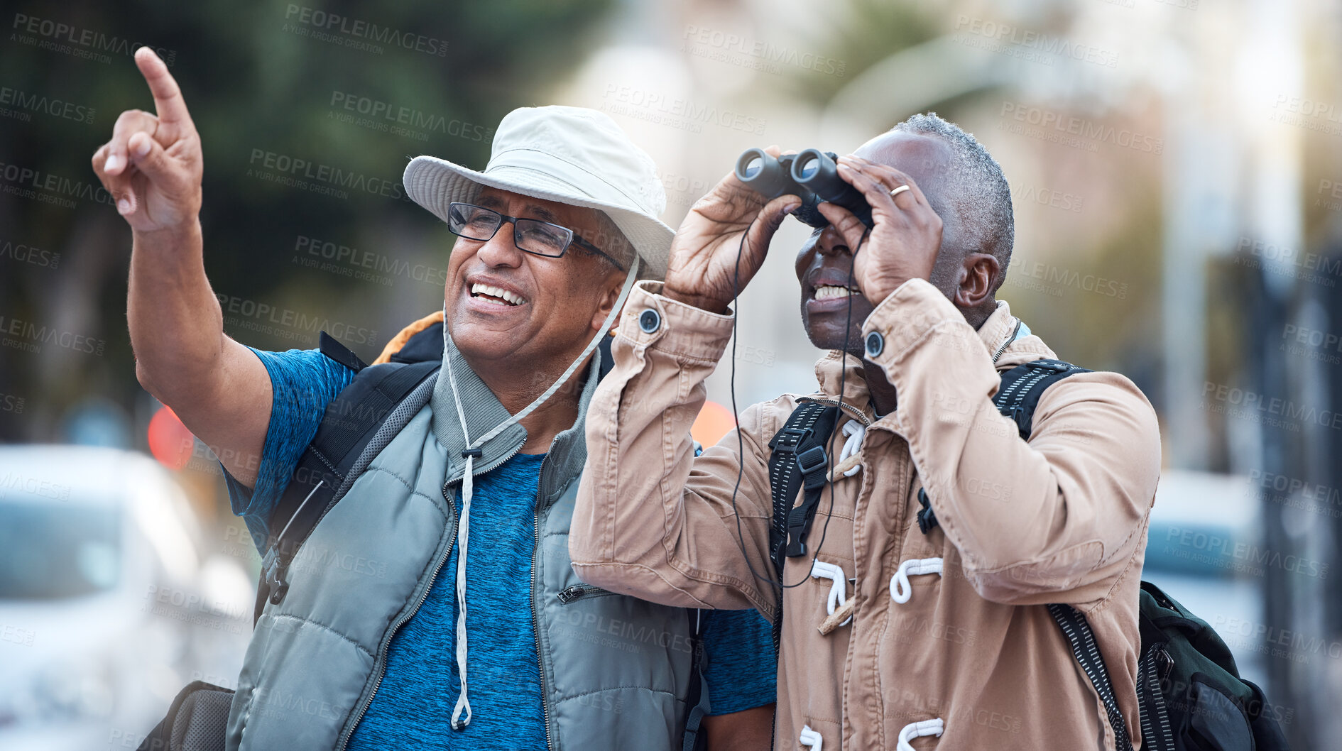 Buy stock photo Binoculars, city and men travel outdoor of discovery, explore vacation or tourist adventure walk. Happy friends, tourism and sightseeing search in sky, lens or journey direction of holiday experience