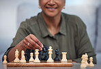 Strategy, moving and thinking with old woman and chess for challenge, competition and mental exercise. Relax, problem solving and smart with senior lady at home for board games, checkmate or contest