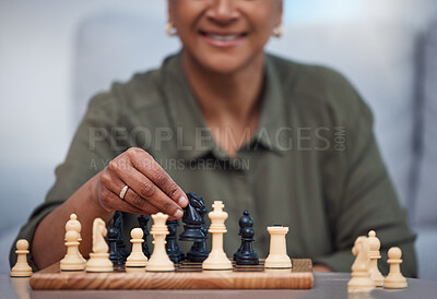 Buy stock photo Strategy, moving and thinking with old woman and chess for challenge, competition and mental exercise. Relax, problem solving and smart with senior lady at home for board games, checkmate or contest