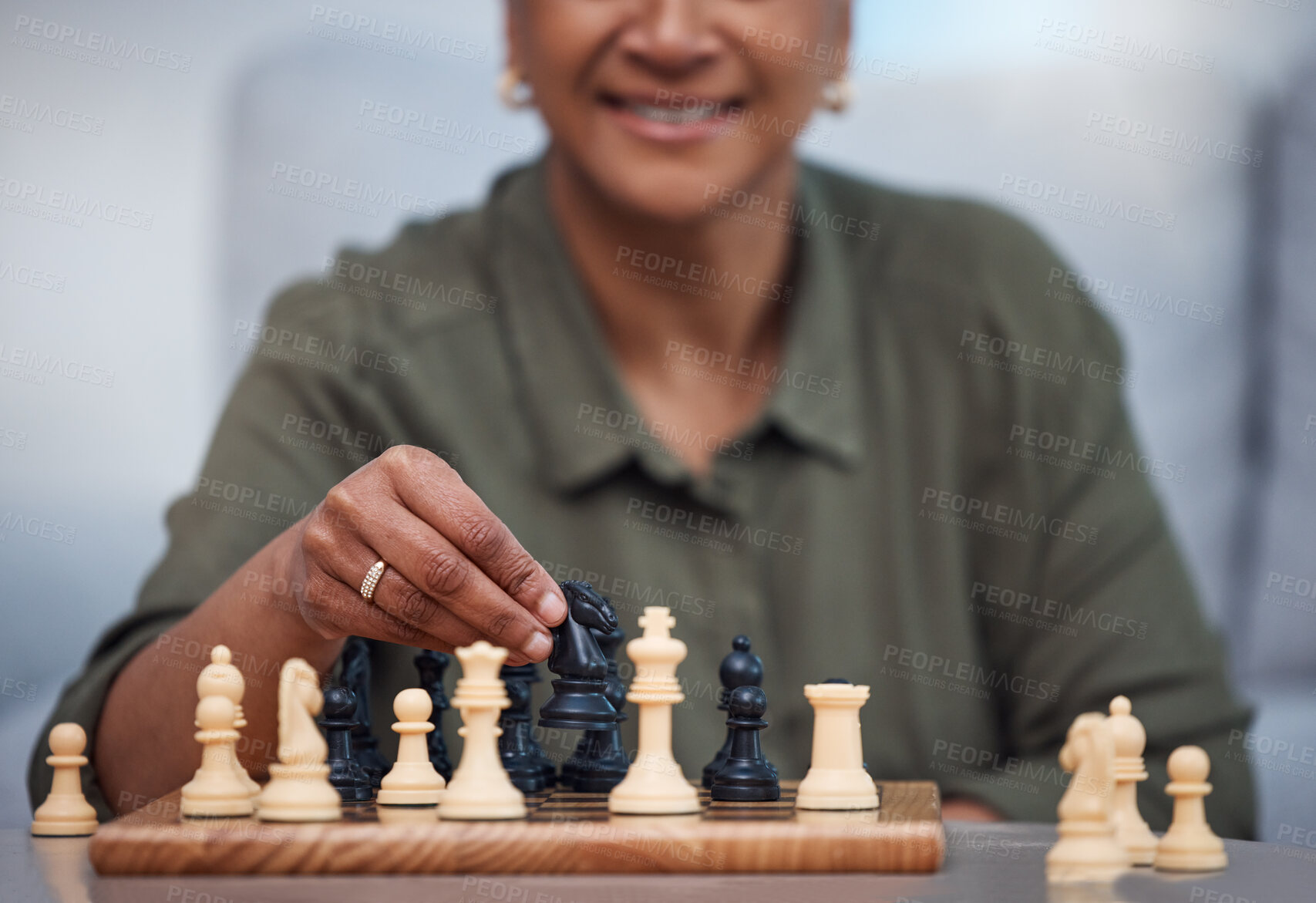 Buy stock photo Strategy, moving and thinking with old woman and chess for challenge, competition and mental exercise. Relax, problem solving and smart with senior lady at home for board games, checkmate or contest