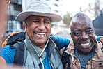 Elderly travel smile, portrait men and senior selfie of friends in city with happiness and freedom on vacation. Happy face, urban picture and black people traveling together and laughing in New York