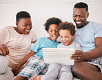 Black family, tablet and excited kid game of a mother, dad and children in a home at morning. Digital app, online and child gaming app with a mama, boys and father together with happiness in house