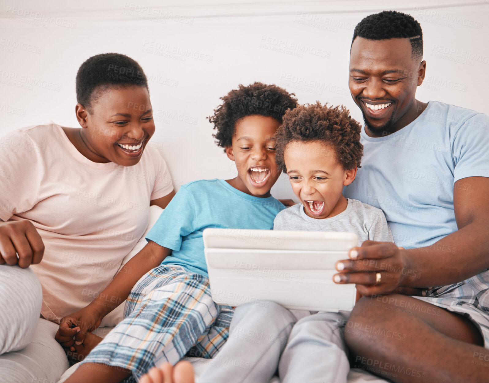 Buy stock photo Black family, tablet and excited kid game of a mother, dad and children in a home at morning. Digital app, online and child gaming app with a mama, boys and father together with laughing in house